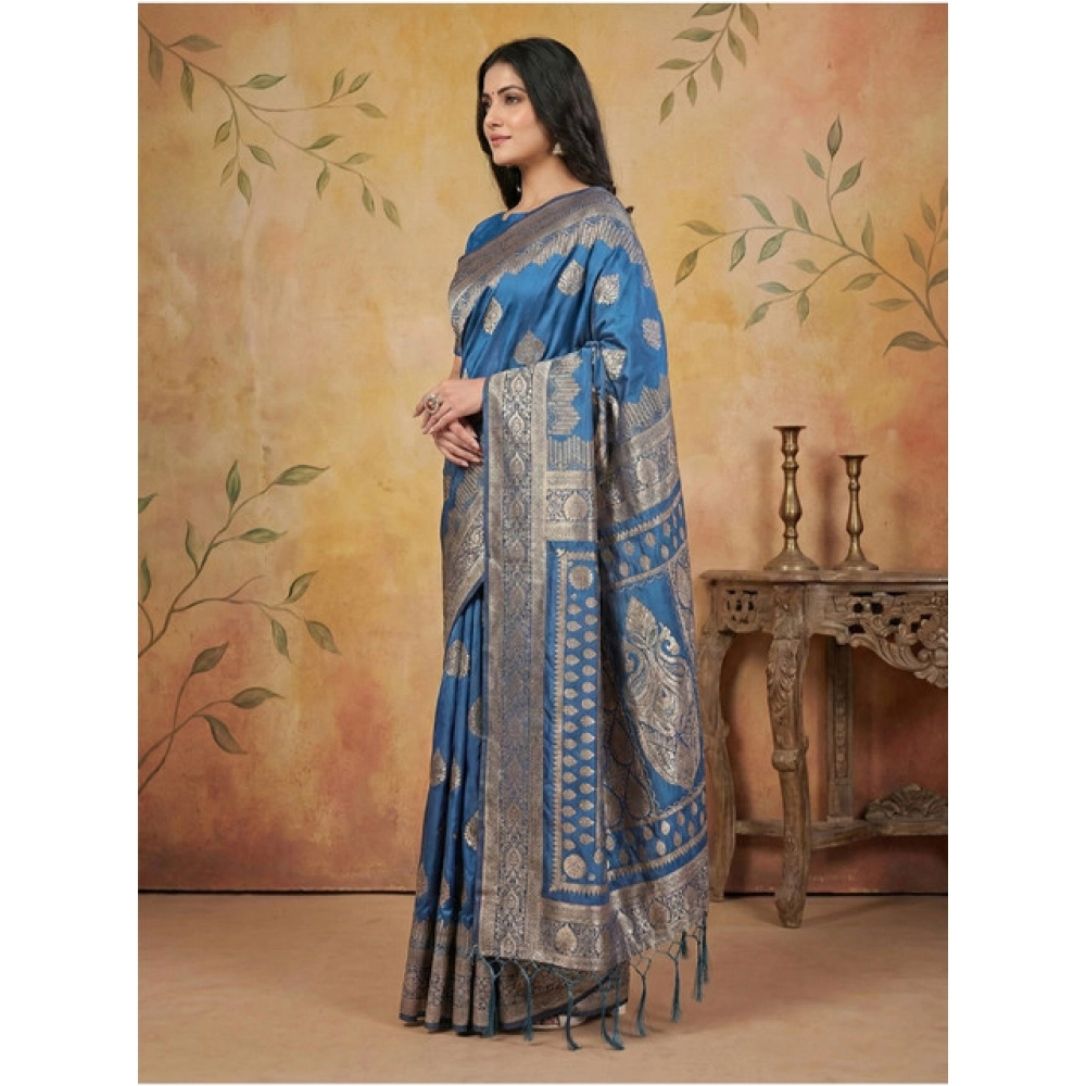 Women's Silk Blend Printed Saree With Unstitched Blouse 5.5Mtr (Sky Blue) - Image 2
