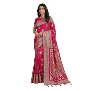 Women's Silk Blend Printed Saree With Unstitched Blouse 5.5Mtr (Magenta)