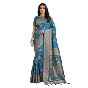 Women's Silk Blend Printed Saree With Unstitched Blouse 5.5Mtr (Teal)