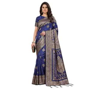 Women's Silk Blend Printed Saree With Unstitched Blouse 5.5Mtr (Navy Blue)