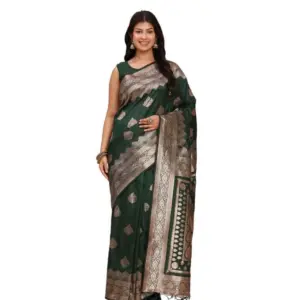 Women's Banarasi Silk Printed Saree With Unstitched Blouse 5.5Mtr (Green)