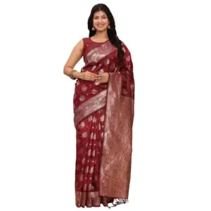 Women's Banarasi Silk Printed Saree With Unstitched Blouse 5.5Mtr (Maroon)