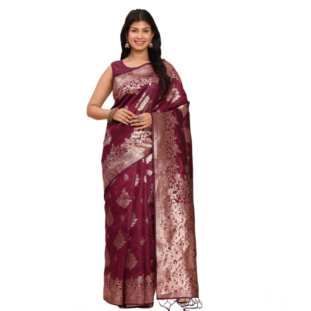 Women's Banarasi Silk Printed Saree With Unstitched Blouse 5.5Mtr (Purple)