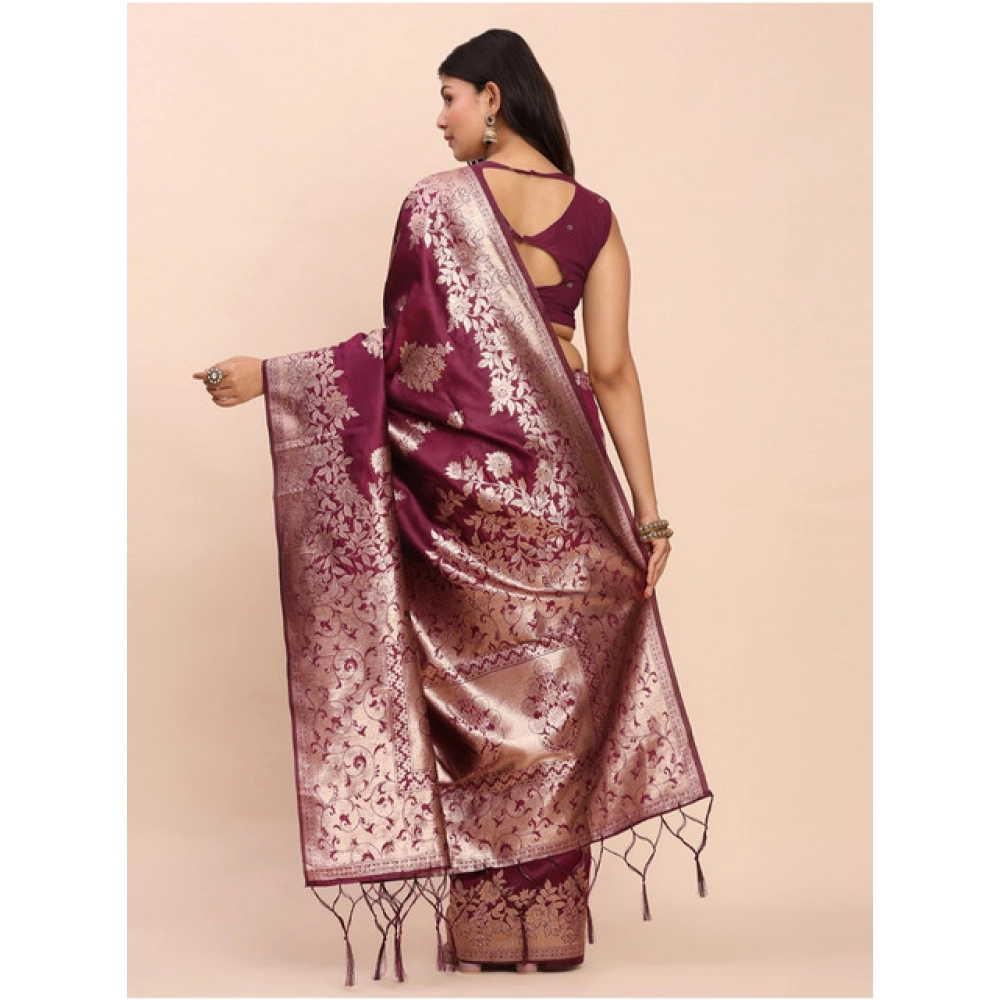 Women's Banarasi Silk Printed Saree With Unstitched Blouse 5.5Mtr (Purple) - Image 4
