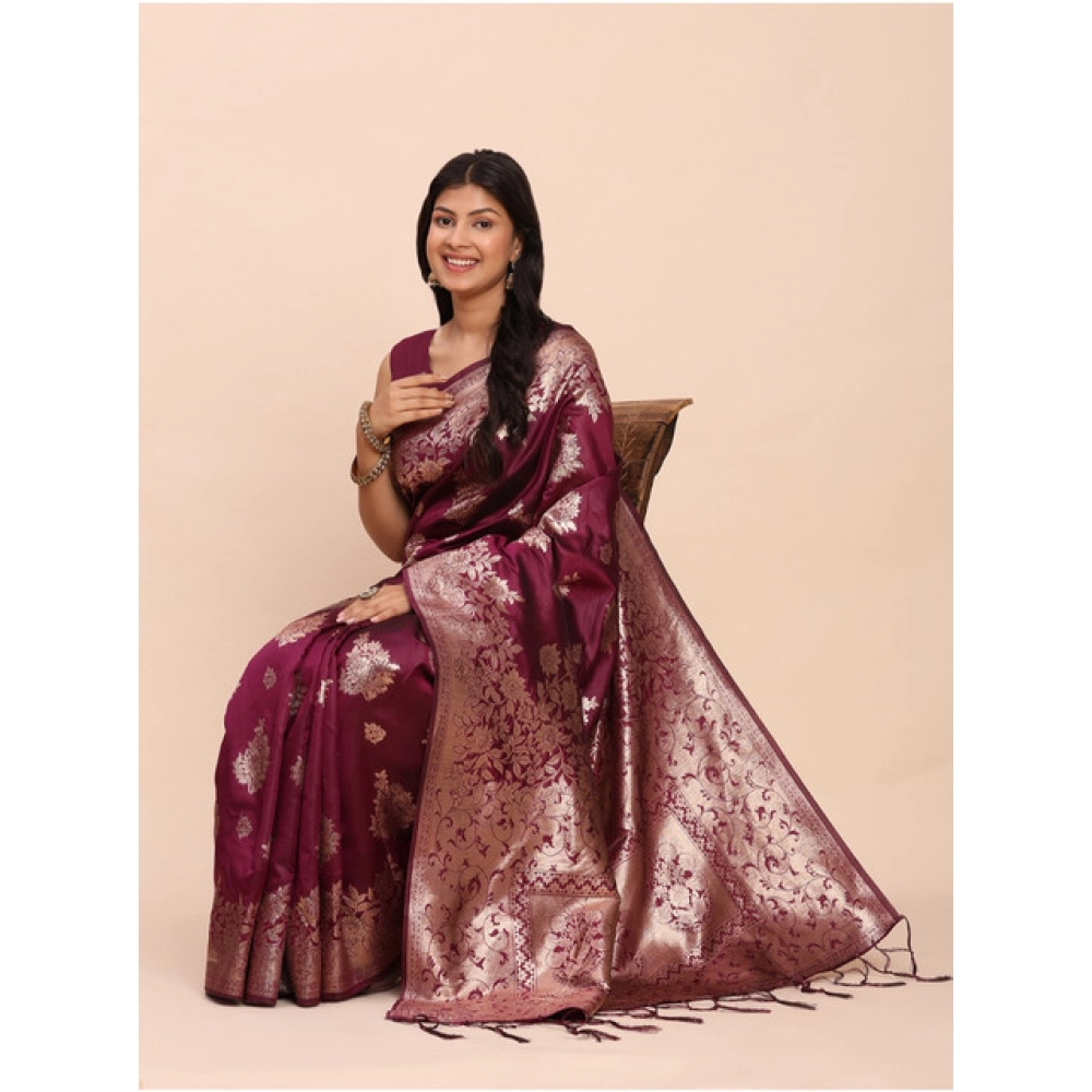 Women's Banarasi Silk Printed Saree With Unstitched Blouse 5.5Mtr (Purple) - Image 3