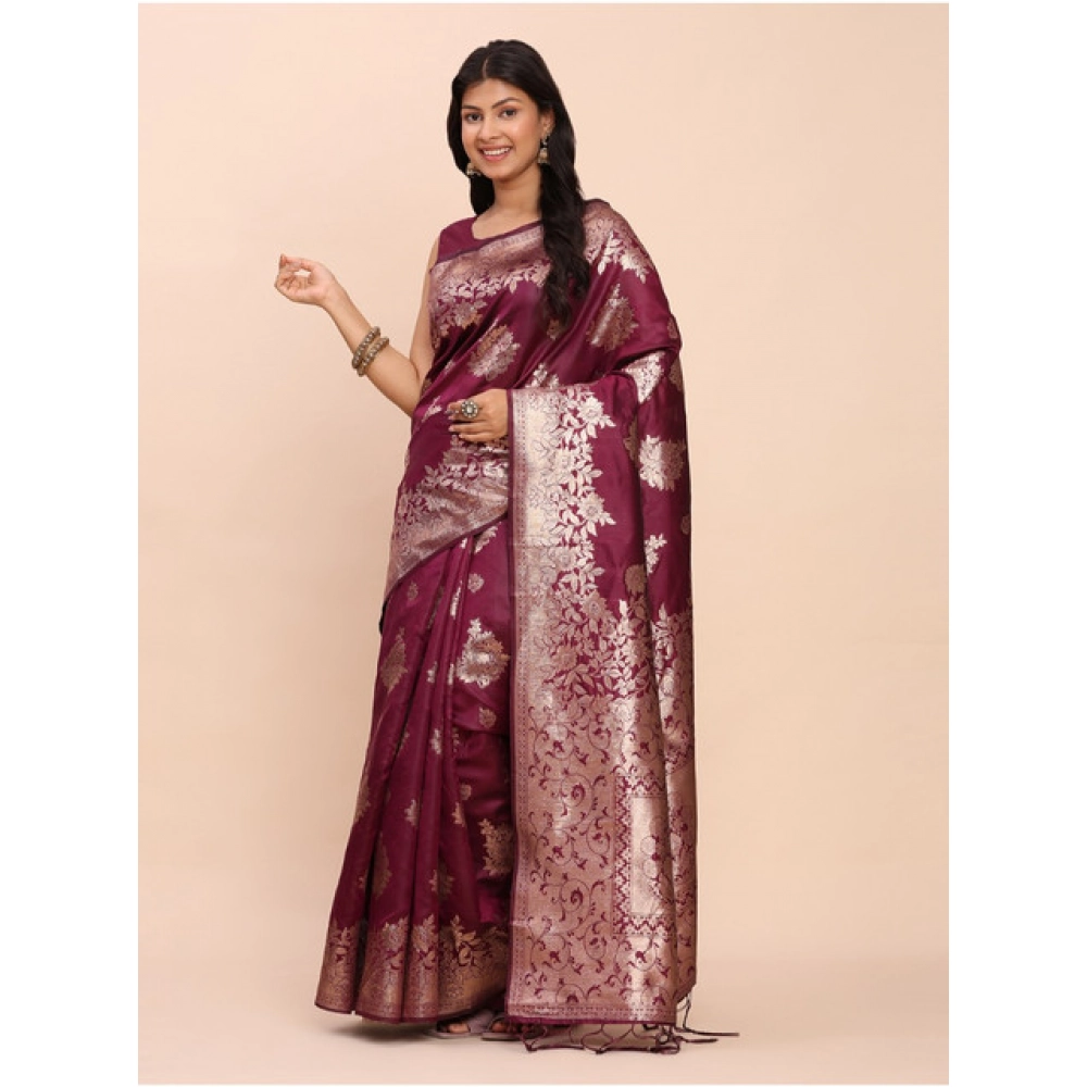 Women's Banarasi Silk Printed Saree With Unstitched Blouse 5.5Mtr (Purple) - Image 2
