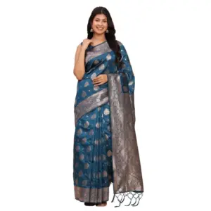 Women's Banarasi Silk Printed Saree With Unstitched Blouse 5.5Mtr (Teal Blue)