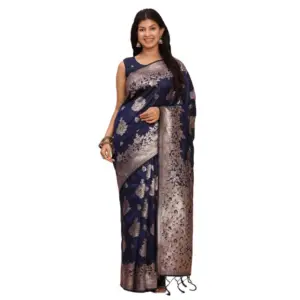 Women's Banarasi Silk Printed Saree With Unstitched Blouse 5.5Mtr (Navy Blue)