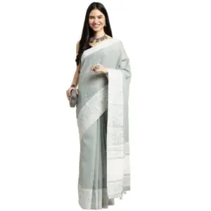 Women's Linen Printed Saree With Unstitched Blouse 5.5Mtr (Sea Green)