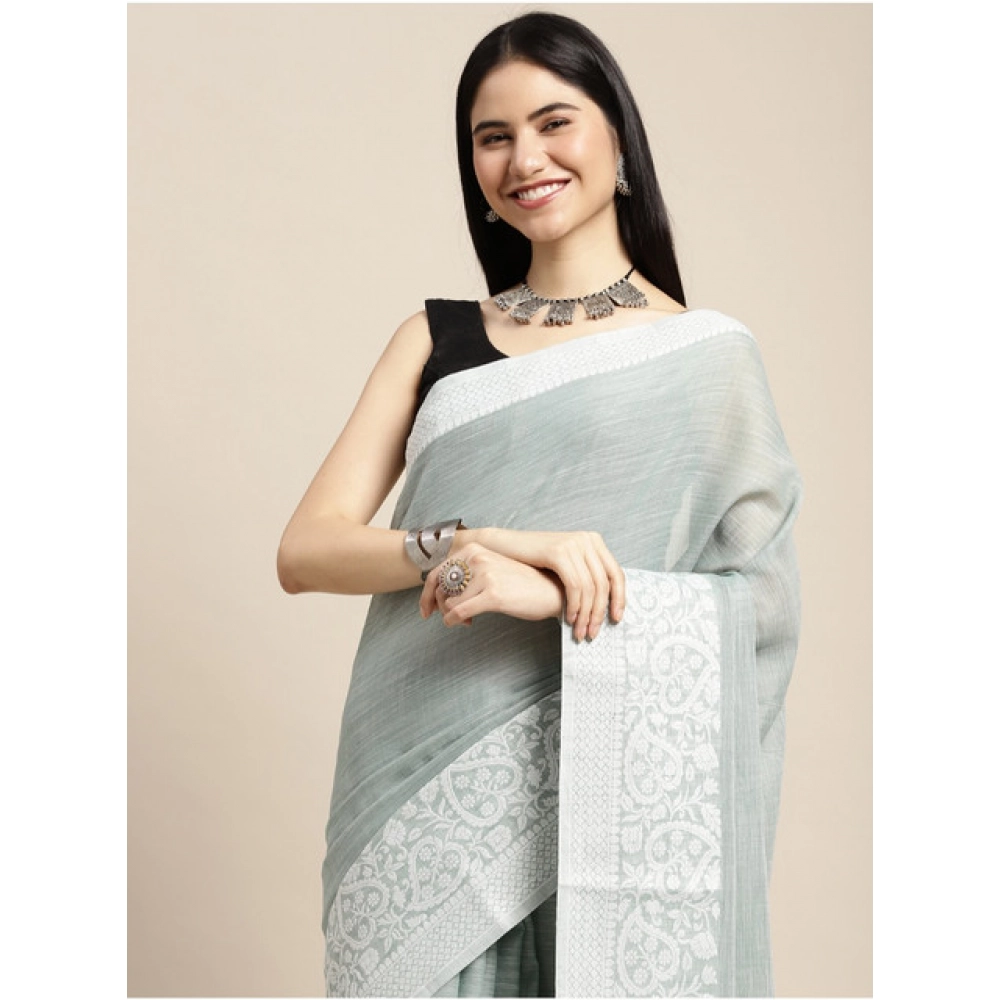 Women's Linen Printed Saree With Unstitched Blouse 5.5Mtr (Sea Green) - Image 2