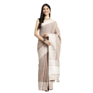Women's Linen Printed Saree With Unstitched Blouse 5.5Mtr (Beige)