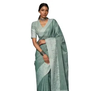 Women's Linen Printed Saree With Unstitched Blouse 5.5Mtr (Sea Green)