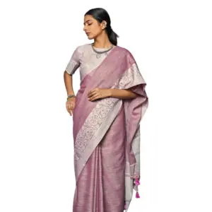 Women's Linen Printed Saree With Unstitched Blouse 5.5Mtr (Purple)