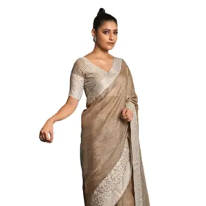 Women's Linen Printed Saree With Unstitched Blouse 5.5Mtr (Beige)