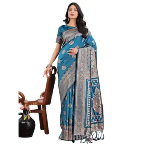 Women's Silk Printed Saree With Unstitched Blouse 5.5Mtr (Teal)