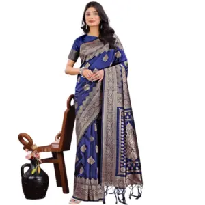 Women's Silk Printed Saree With Unstitched Blouse 5.5Mtr (Navy Blue)