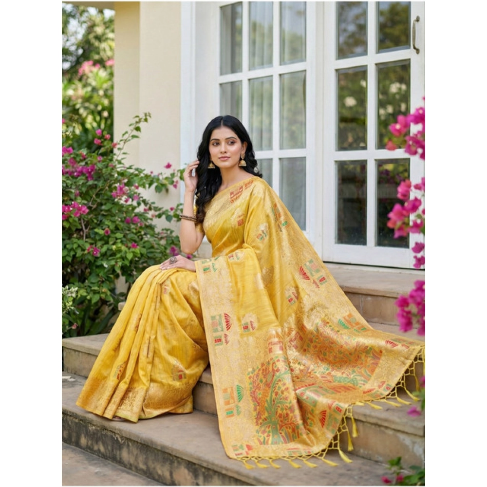 Women's Linen Cotton Printed Saree With Unstitched Blouse 5.5Mtr (Yellow) - Image 2
