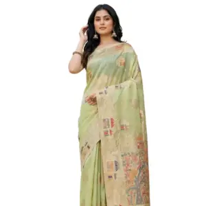Women's Linen Cotton Printed Saree With Unstitched Blouse 5.5Mtr (Light Green)