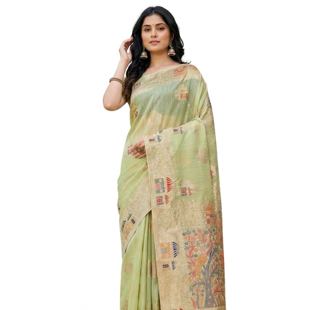 Women's Linen Cotton Printed Saree With Unstitched Blouse 5.5Mtr (Light Green)