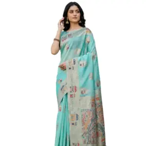 Women's Linen Cotton Printed Saree With Unstitched Blouse 5.5Mtr (Sky Blue)