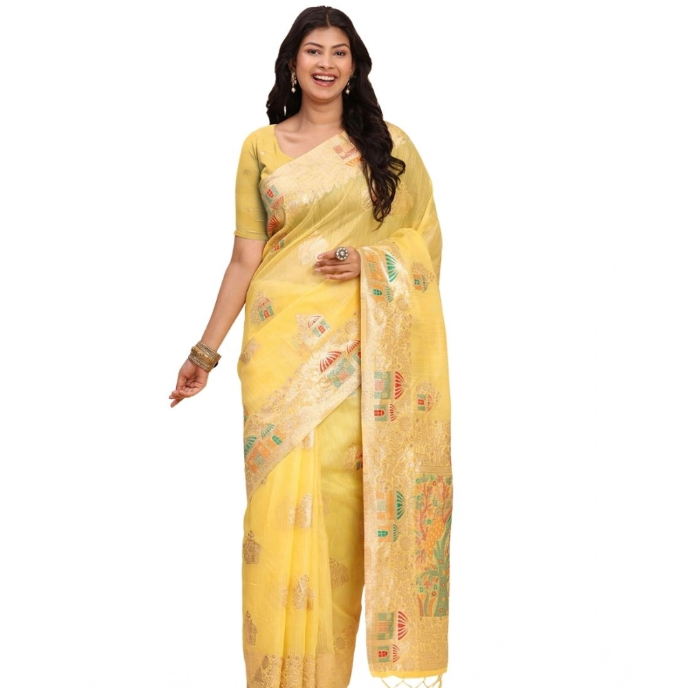Women's Linen Cotton Printed Saree With Unstitched Blouse 5.5Mtr (Yellow)