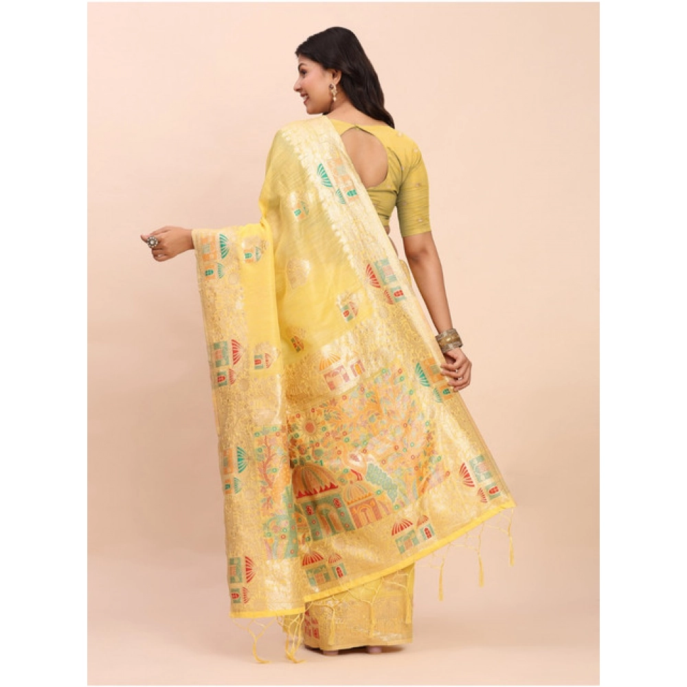 Women's Linen Cotton Printed Saree With Unstitched Blouse 5.5Mtr (Yellow) - Image 4