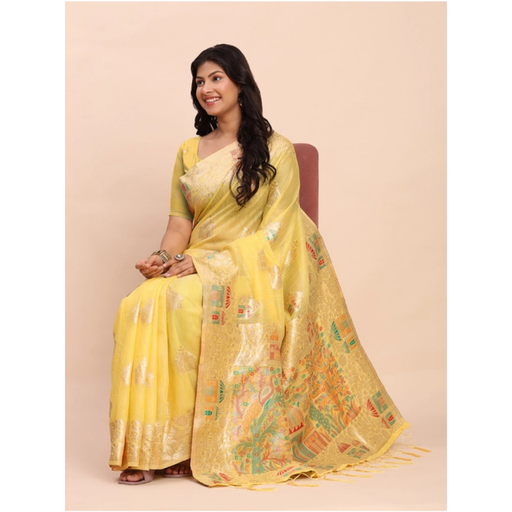 Women's Linen Cotton Printed Saree With Unstitched Blouse 5.5Mtr (Yellow) - Image 3