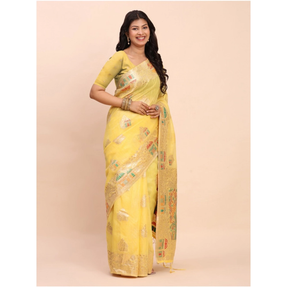 Women's Linen Cotton Printed Saree With Unstitched Blouse 5.5Mtr (Yellow) - Image 2