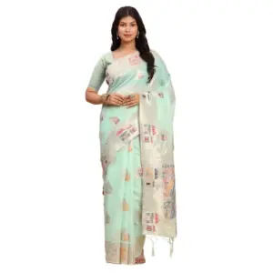Women's Linen Cotton Printed Saree With Unstitched Blouse 5.5Mtr (Sea Green)