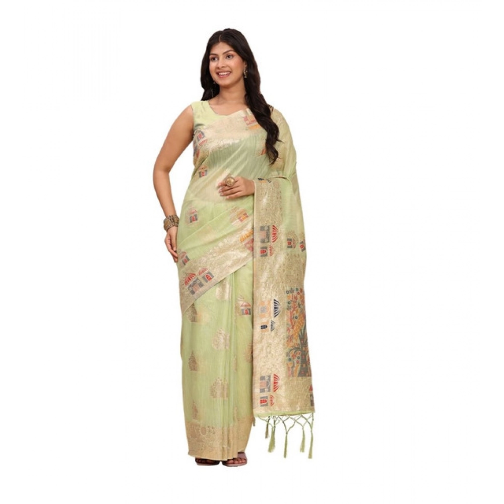 Women's Linen Cotton Printed Saree With Unstitched Blouse 5.5Mtr (Light Green)