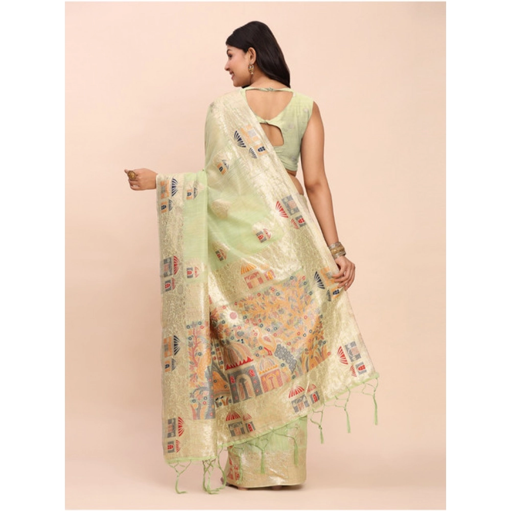 Women's Linen Cotton Printed Saree With Unstitched Blouse 5.5Mtr (Light Green) - Image 4