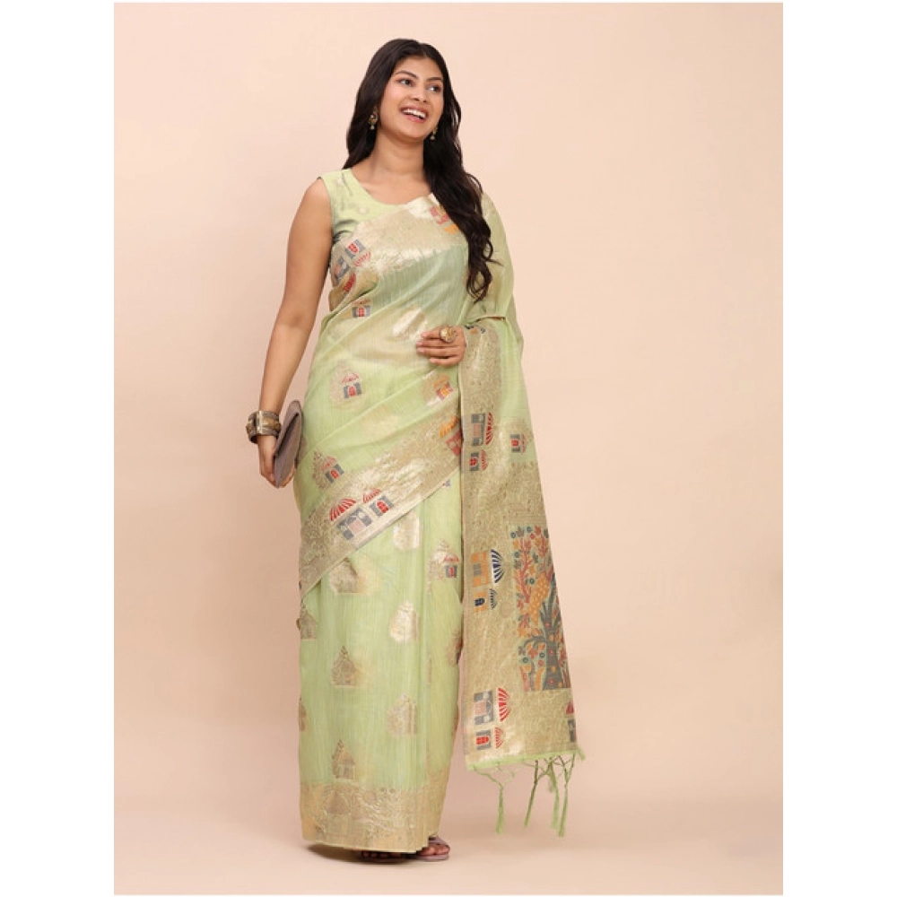 Women's Linen Cotton Printed Saree With Unstitched Blouse 5.5Mtr (Light Green) - Image 3