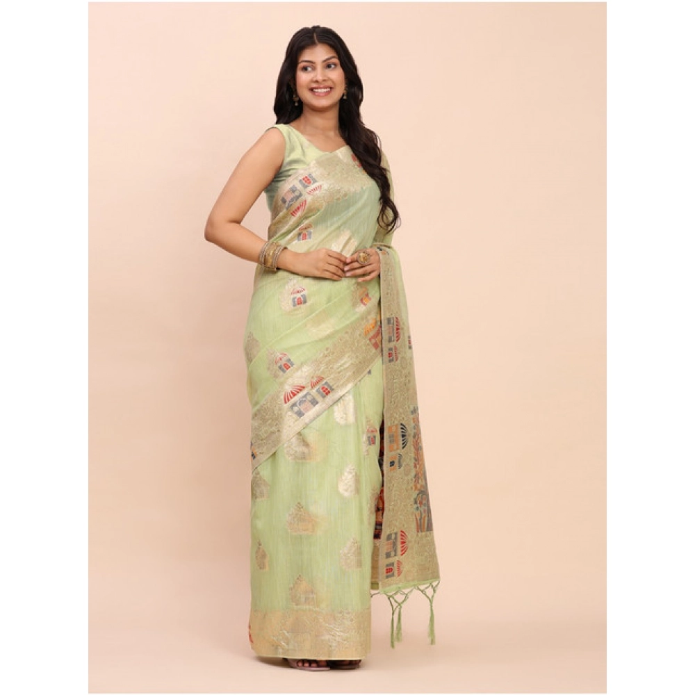 Women's Linen Cotton Printed Saree With Unstitched Blouse 5.5Mtr (Light Green) - Image 2