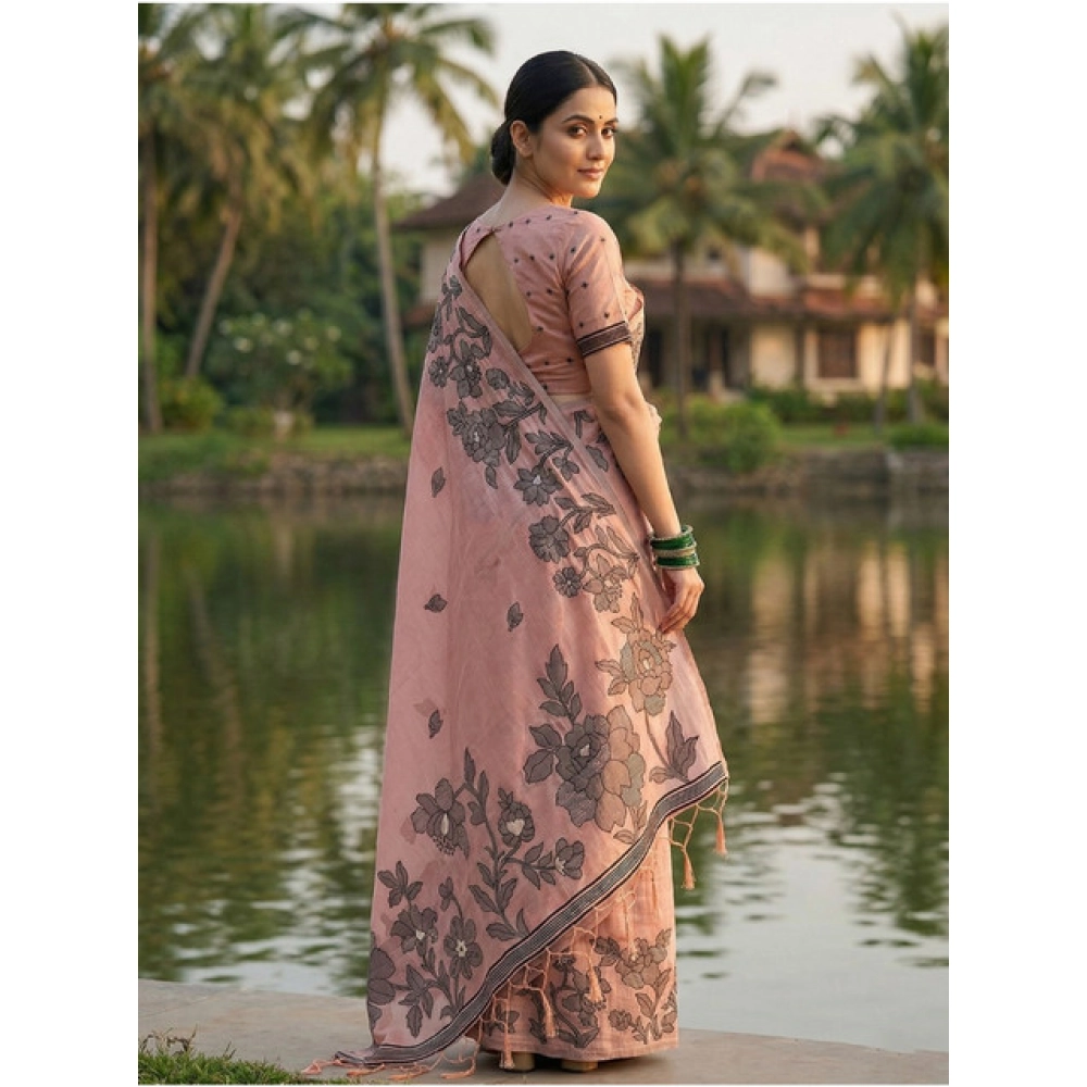 Women's Linen Cotton Printed Saree With Unstitched Blouse 5.5Mtr (Peach) - Image 3