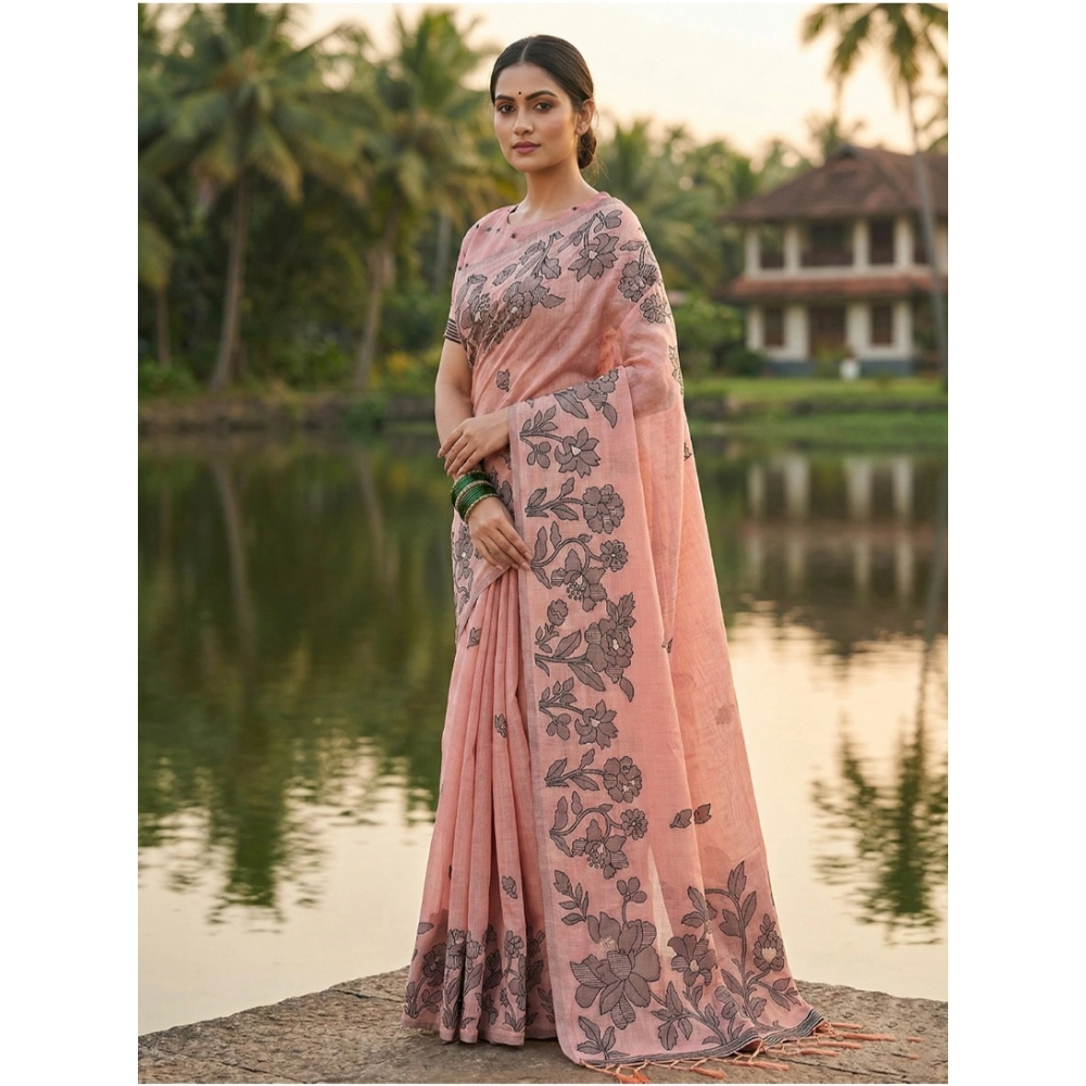 Women's Linen Cotton Printed Saree With Unstitched Blouse 5.5Mtr (Peach) - Image 2
