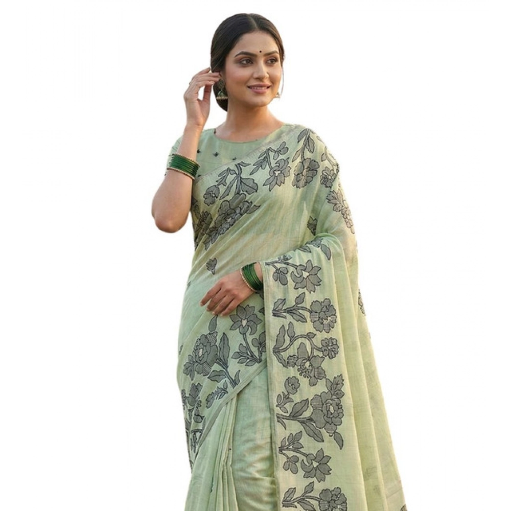 Women's Linen Cotton Printed Saree With Unstitched Blouse 5.5Mtr (Light Green)