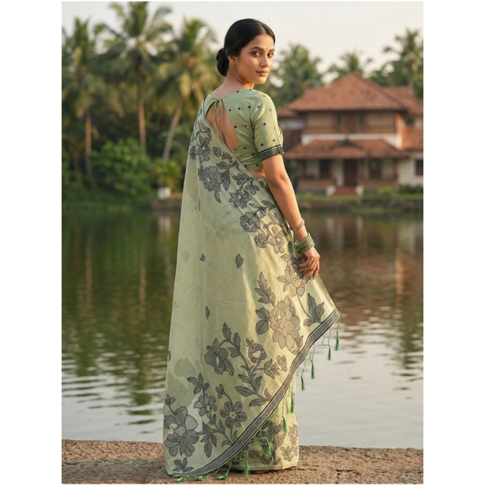 Women's Linen Cotton Printed Saree With Unstitched Blouse 5.5Mtr (Light Green) - Image 3