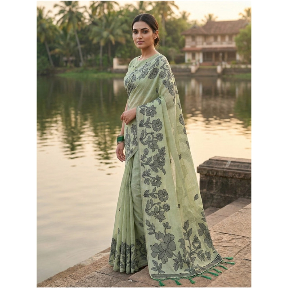 Women's Linen Cotton Printed Saree With Unstitched Blouse 5.5Mtr (Light Green) - Image 2