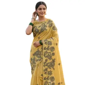 Women's Linen Cotton Printed Saree With Unstitched Blouse 5.5Mtr (Yellow)