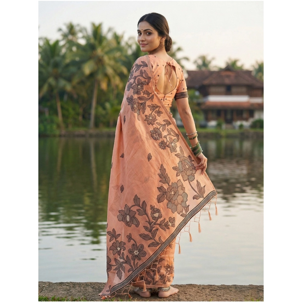 Women's Linen Cotton Printed Saree With Unstitched Blouse 5.5Mtr (Orange) - Image 3