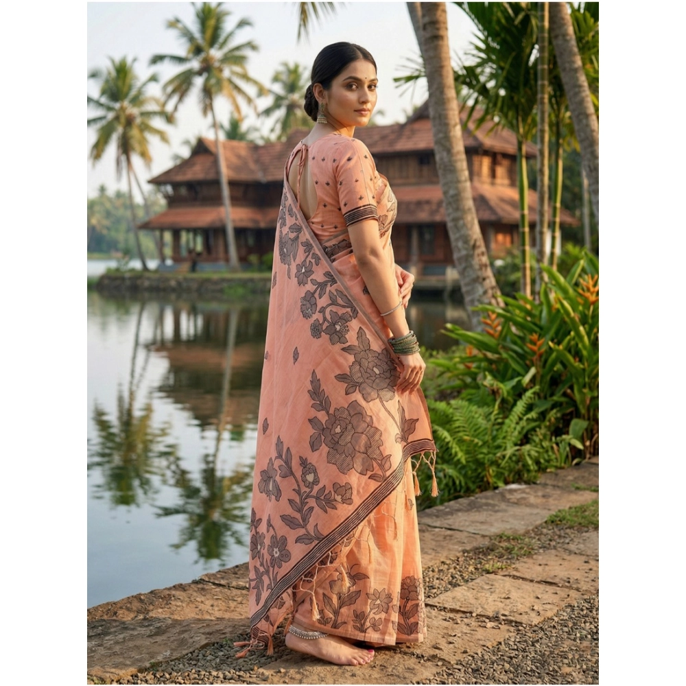 Women's Linen Cotton Printed Saree With Unstitched Blouse 5.5Mtr (Orange) - Image 2